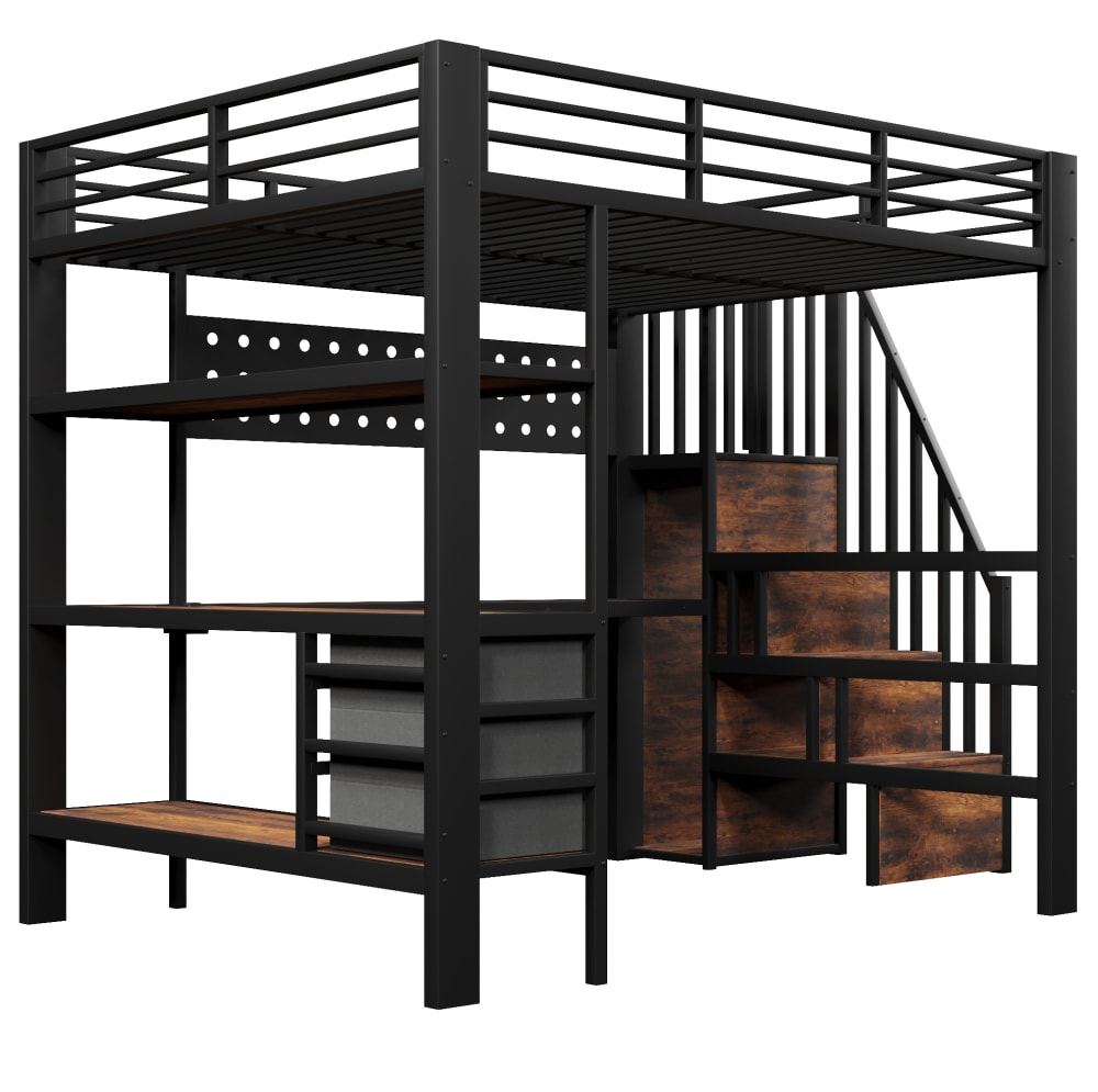REDOM Hochbett aus Metall und MDF mit Treppe 140x200 cm, Schwarz SCHWARZ METALL Baby
