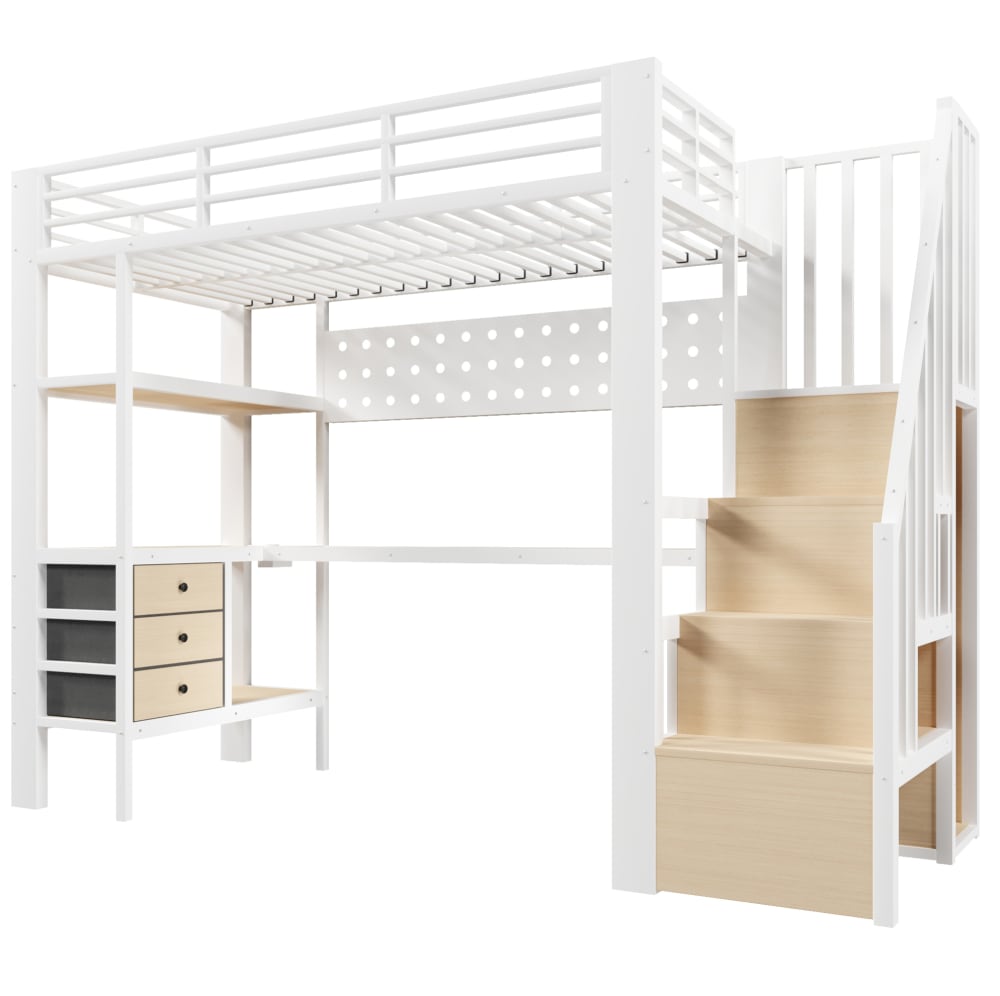 REDOM Hochbett aus MDF und Metall mit Schreibtisch 90x200 cm, Weiß WEISS METALL Baby