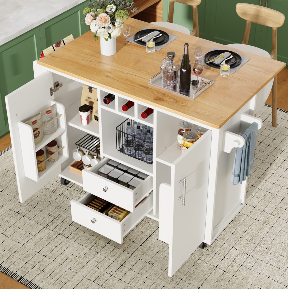 Kücheninsel aus MDF+Metall mit Klapptisch 137,9x73x92 cm, Weiß -