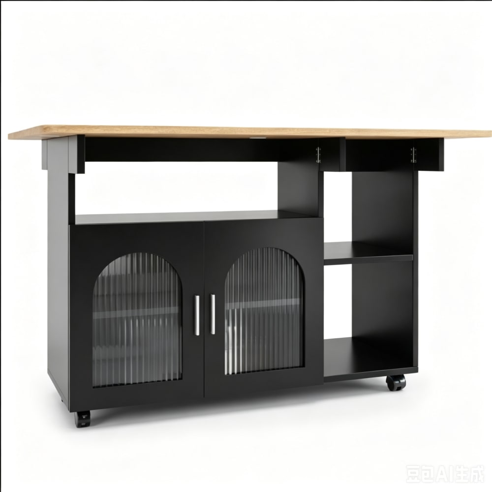 REDOM Kücheninsel aus Spanplatte mit Klapptisch, Schwarz/Natur style modern Schwarz Glas