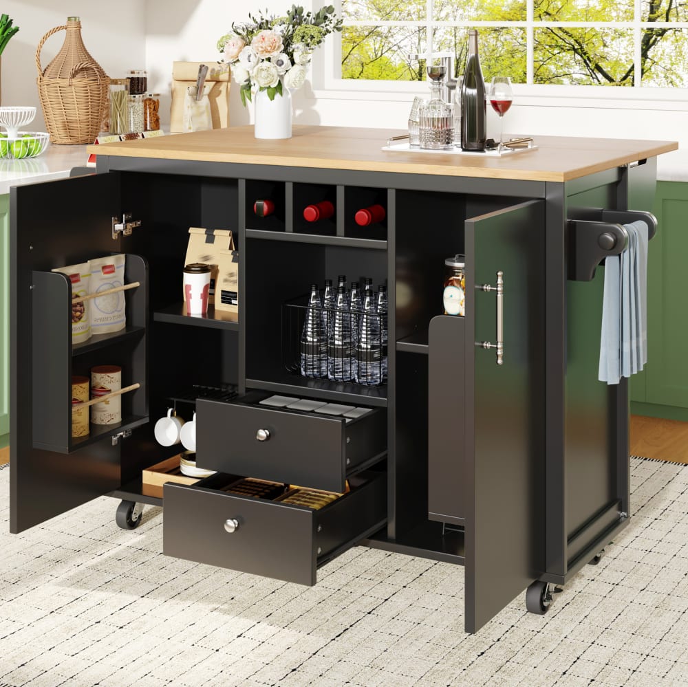 Kücheninsel aus MDF und Metall mit Klapptisch 137,9x73x92 cm,