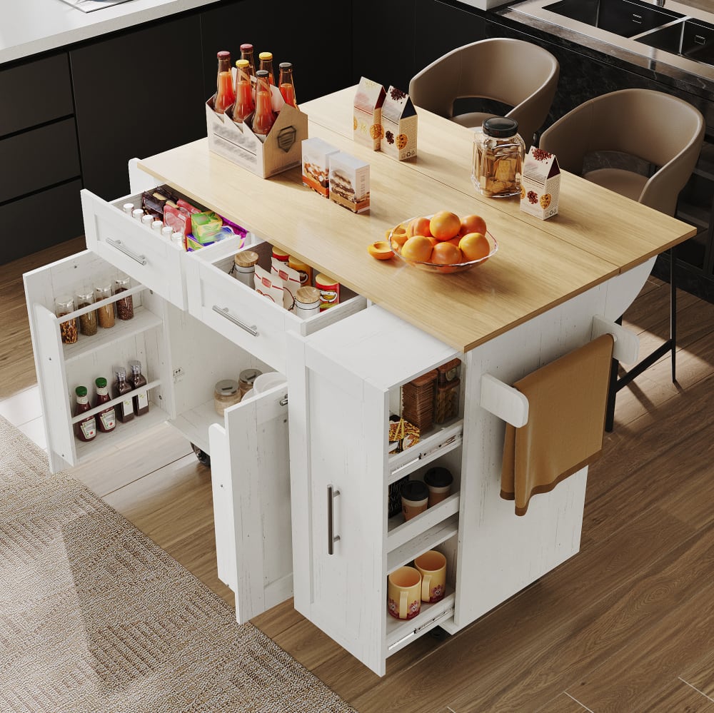 Îlot de cuisine en panneau de particules avec plateau pliant blanc