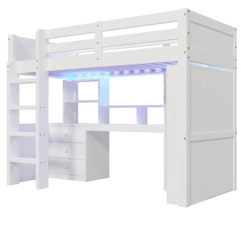 Lit mezzanine en pin avec led, bureau et rangement blanc 90x200 cm