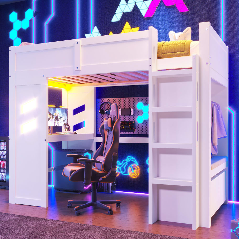 Hochbett aus Kiefernholz mit Schreibtisch und LED 90x200 cm, Weiß