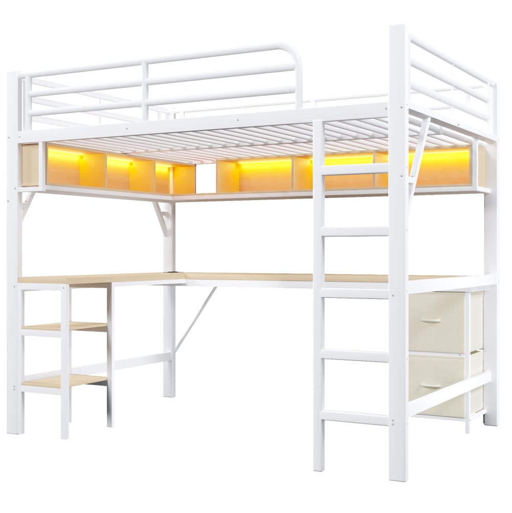 REDOM Hochbett aus Metall und MDF mit Schreibtisch, LED 140x200 cm, Weiß WEISS METALL Baby