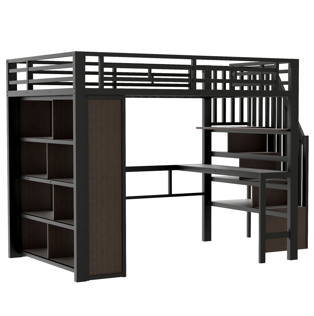 REDOM Hochbett aus Metall mit Schreibtisch, LED, 140x200 cm, Schwarz SCHWARZ METALL Baby