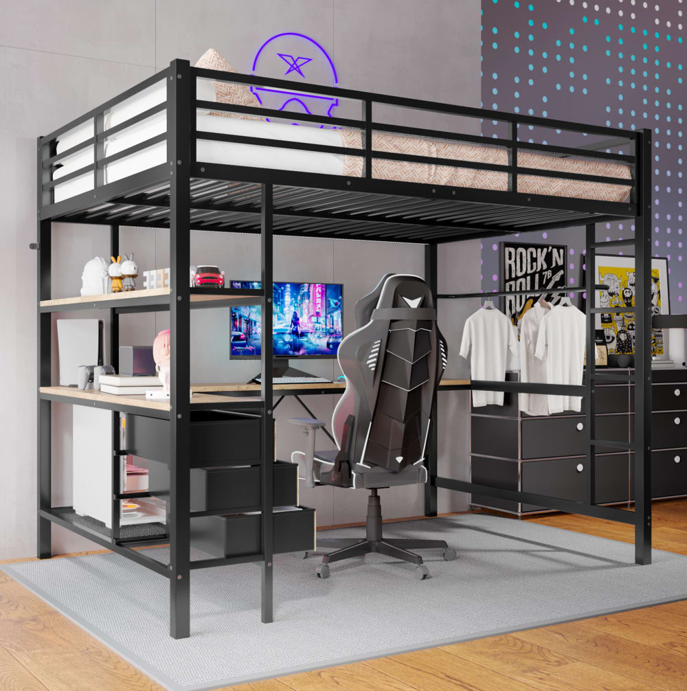 Hochbett aus Metall und MDF mit Schreibtisch 140x200 cm, Schwarz