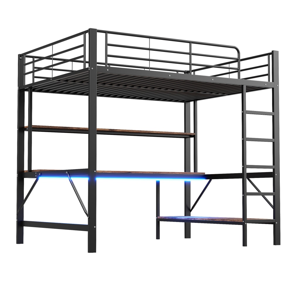 REDOM Hochbett aus Metall mit Schreibtisch und LED 140x200 cm, Schwarz SCHWARZ METALL Baby