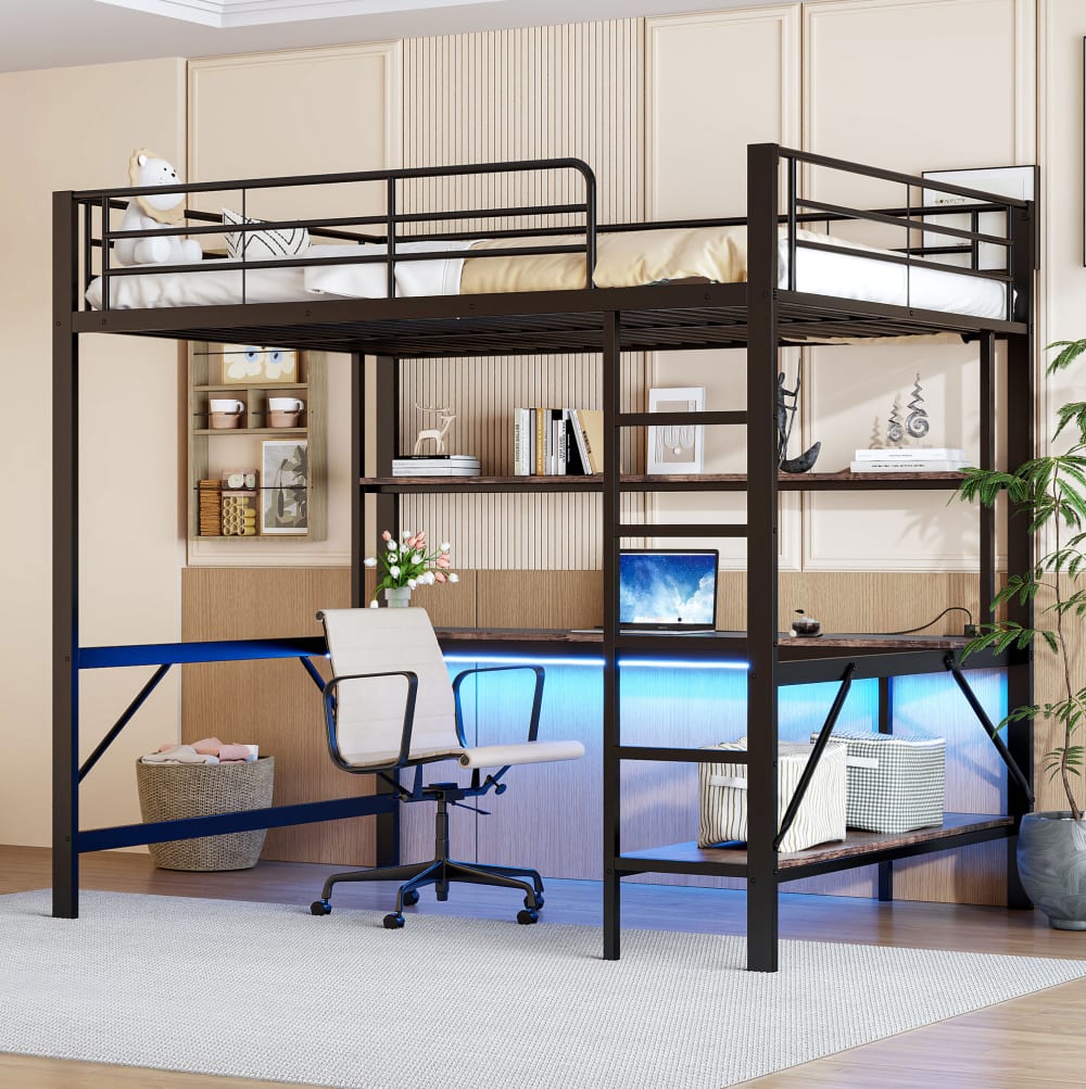 Hochbett aus Metall mit Schreibtisch und LED 140x200 cm, Schwarz