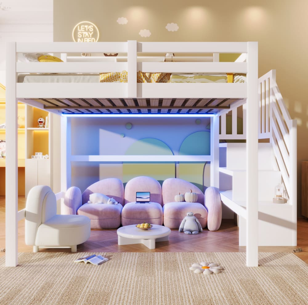 Hochbett aus Kiefernholz mit LED-Beleuchtung 140x200 cm, Weiß -