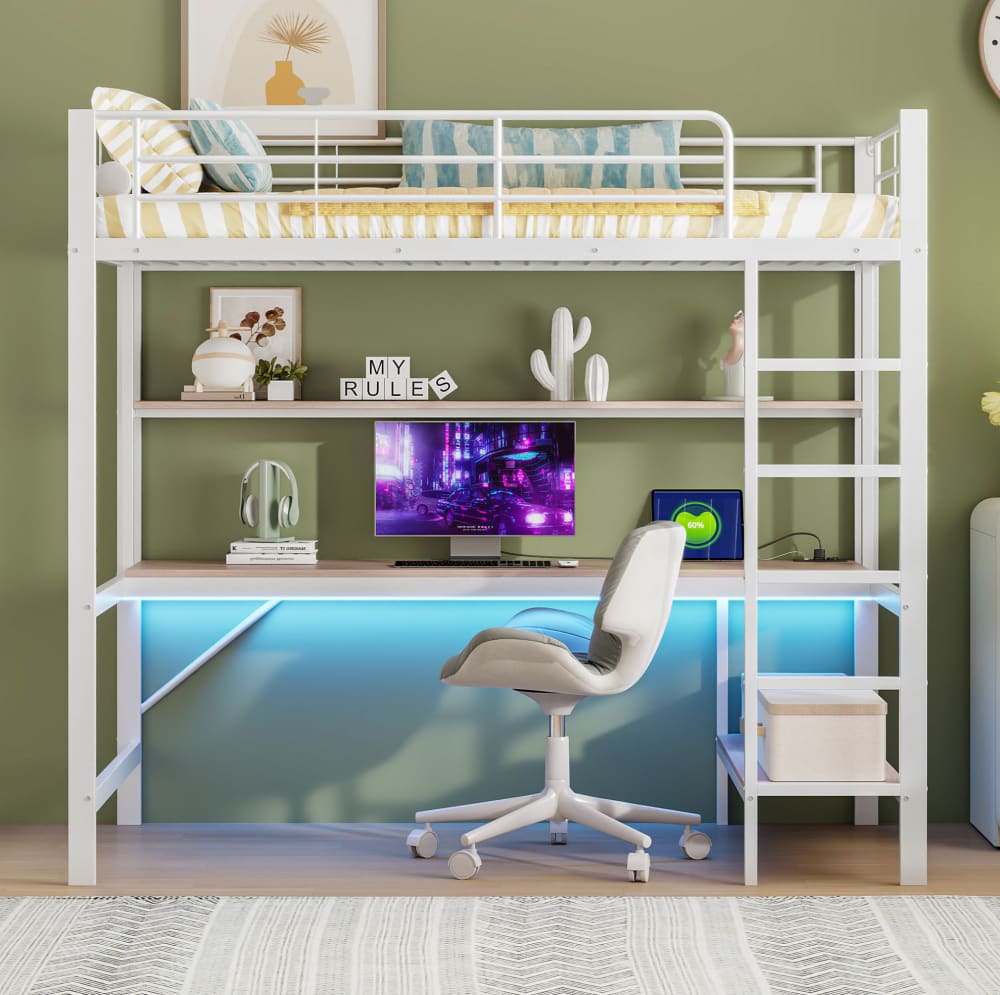 Hochbett aus Metall mit Schreibtisch 90x200 cm, Weiß - Maisons Du