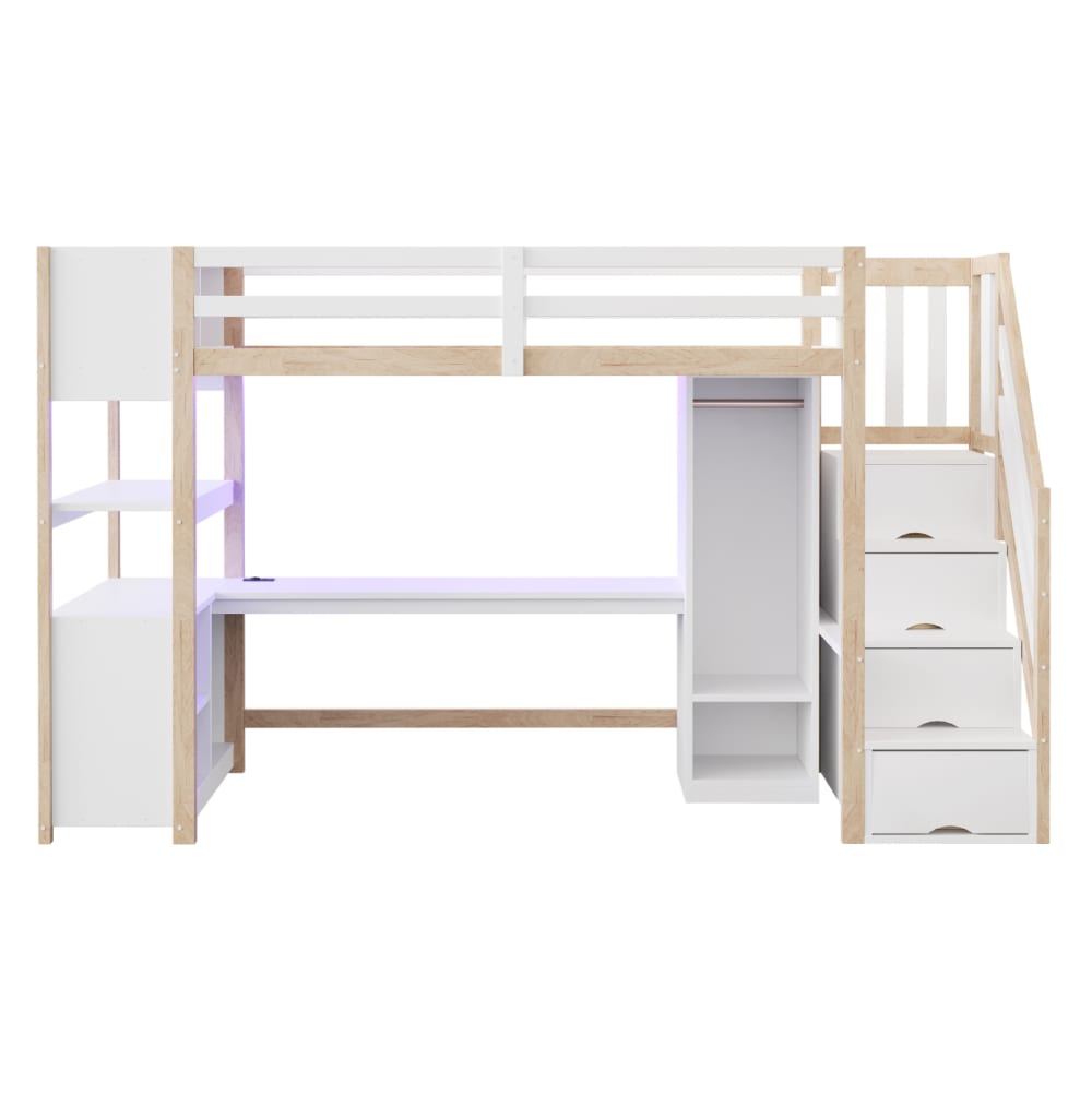 Lit mezzanine en bois massif avec bureau blanc/naturel 90x200 cm
