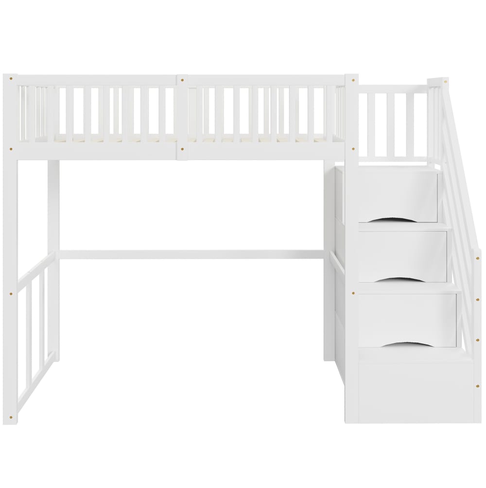 Lit mezzanine en pin massif avec escalier de rangement blanc 90x200 cm