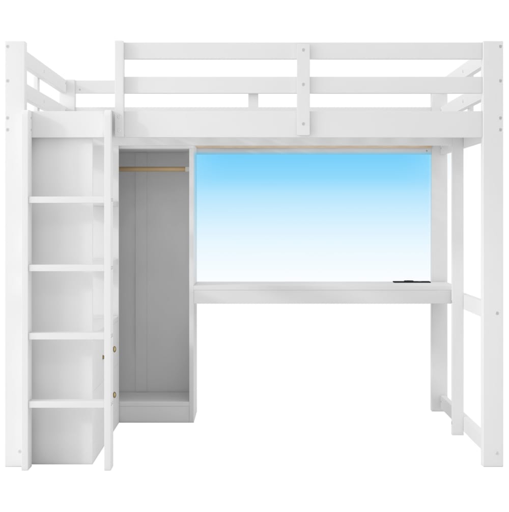Hochbett aus Massivholz und MDF mit Schreibtisch 140x200 cm, Weiß
