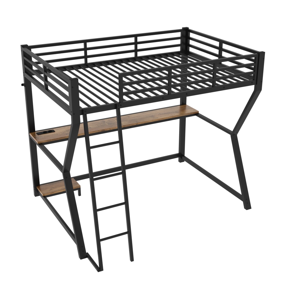 REDOM Hochbett aus Metall mit LED und Schreibtisch 90x200 cm, Schwarz SCHWARZ METALL Baby