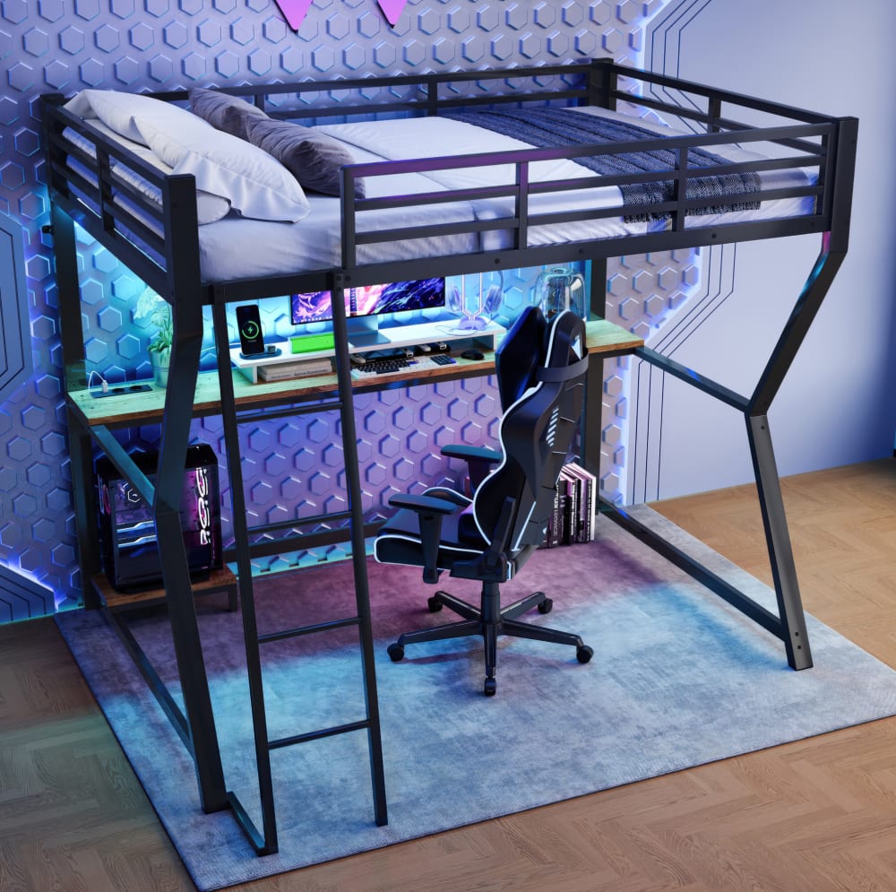 Hochbett aus Metall mit LED und Schreibtisch 90x200 cm, Schwarz -