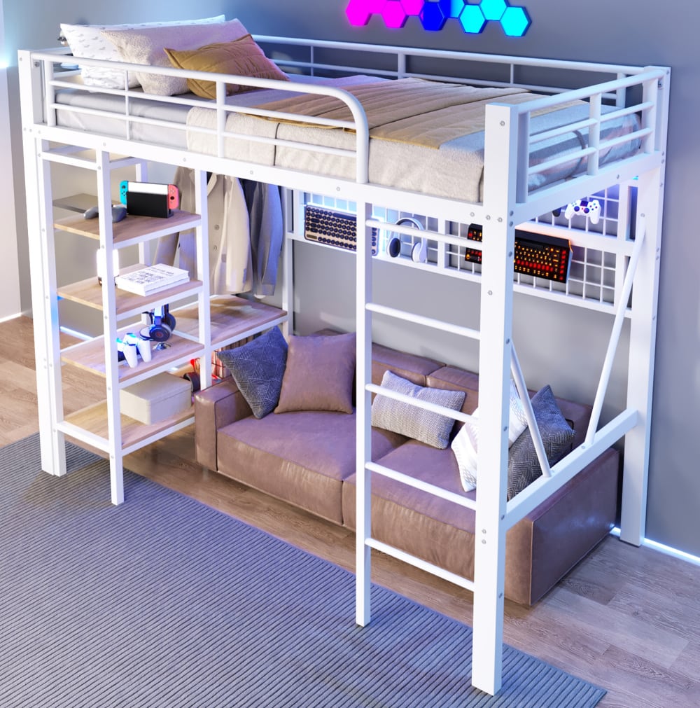 REDOM Hochbett aus Metall mit LED-Lichtleiste 90x200 cm, Weiß WEISS METALL Baby