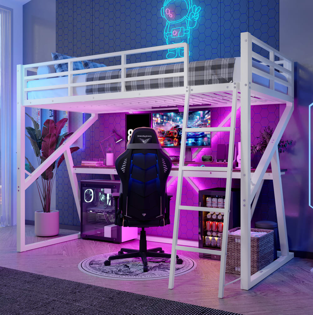 Hochbett aus Metall mit Schreibtisch, LED-Leiste 90x200 cm, Weiß