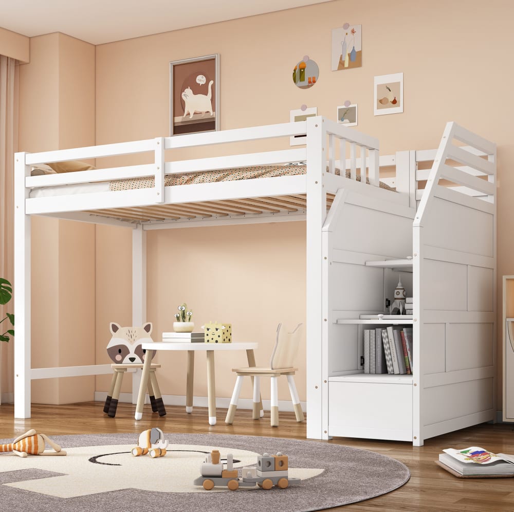Hochbett aus Kiefernholz mit Stauraumtreppe 90x200 cm, Weiß -