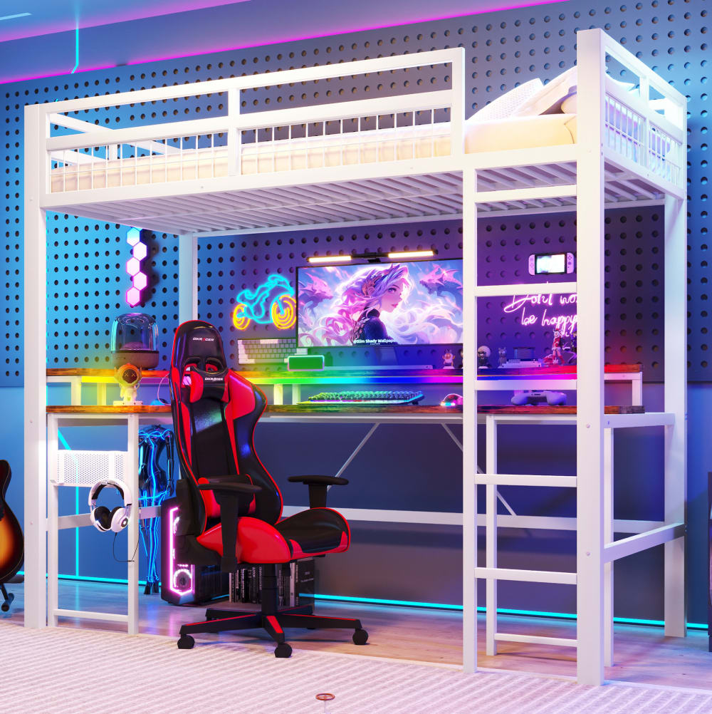 Hochbett aus Metall mit Schreibtisch und LED 90x200 cm, Weiß -