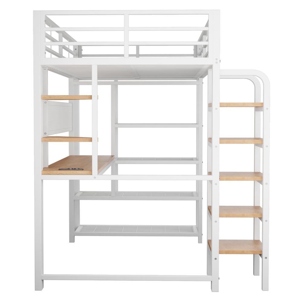 REDOM Hochbett aus Metall mit LED und Schreibtisch 90x200 cm, Weiß WEISS METALL Baby