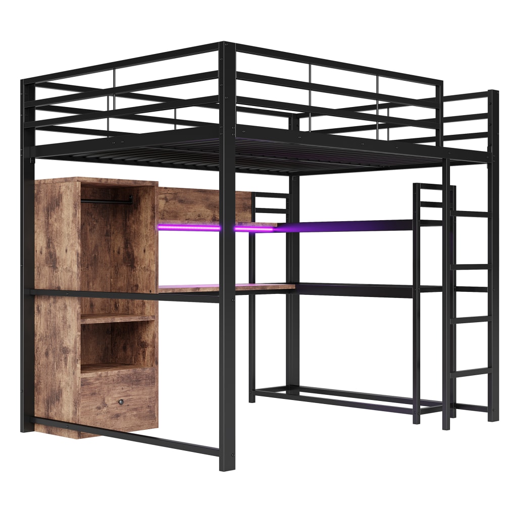 REDOM Hochbett aus Metall und MDF mit LED-Beleuchtung 140x200 cm, Schwarz SCHWARZ METALL Baby