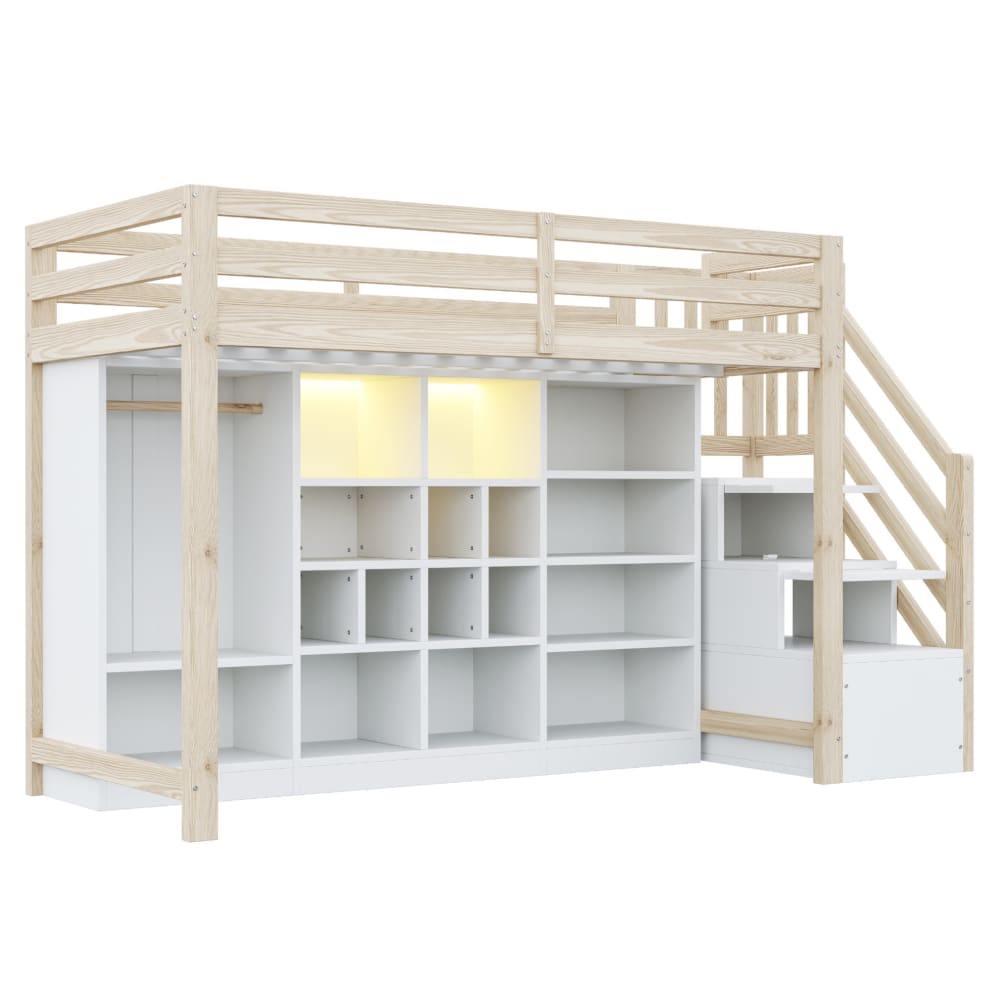 Lit mezzanine en bois avec rangement led blanc et bois 90x200 cm