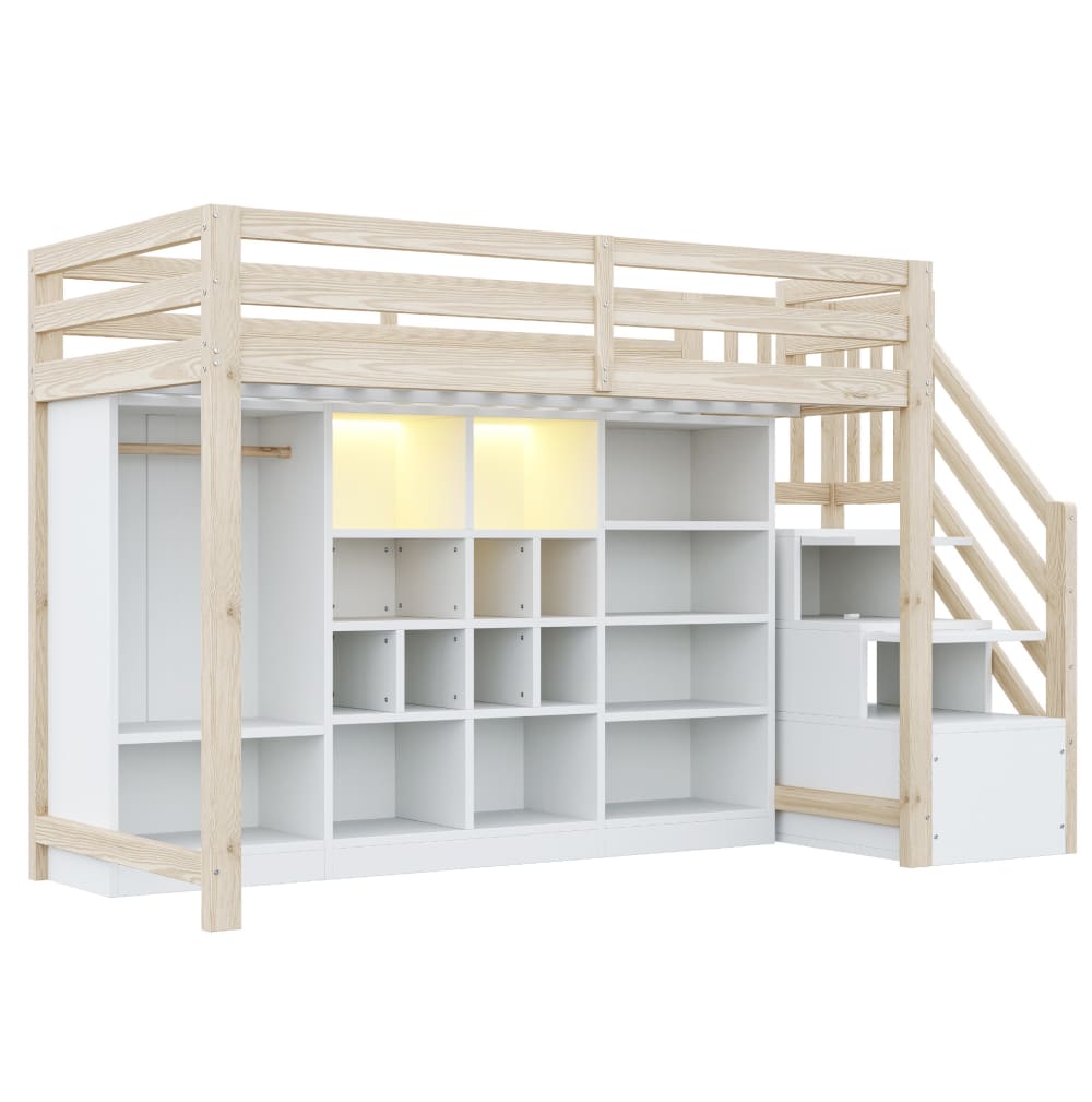 Hochbett aus Holz mit Stauraum und LED 90x200 cm, Natur/Weiß -