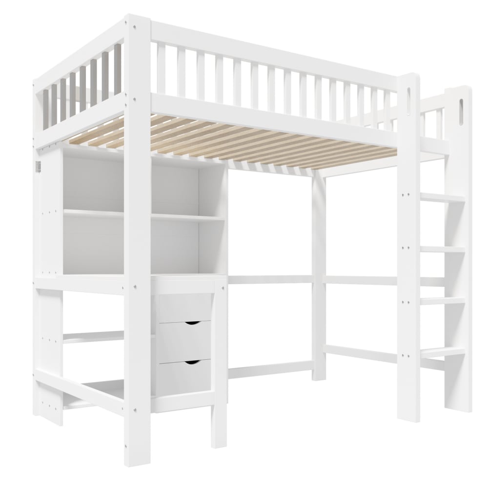 REDOM Hochbett aus Kiefernholz mit Schreibtisch 90x200 cm, Weiß Weiß Baby