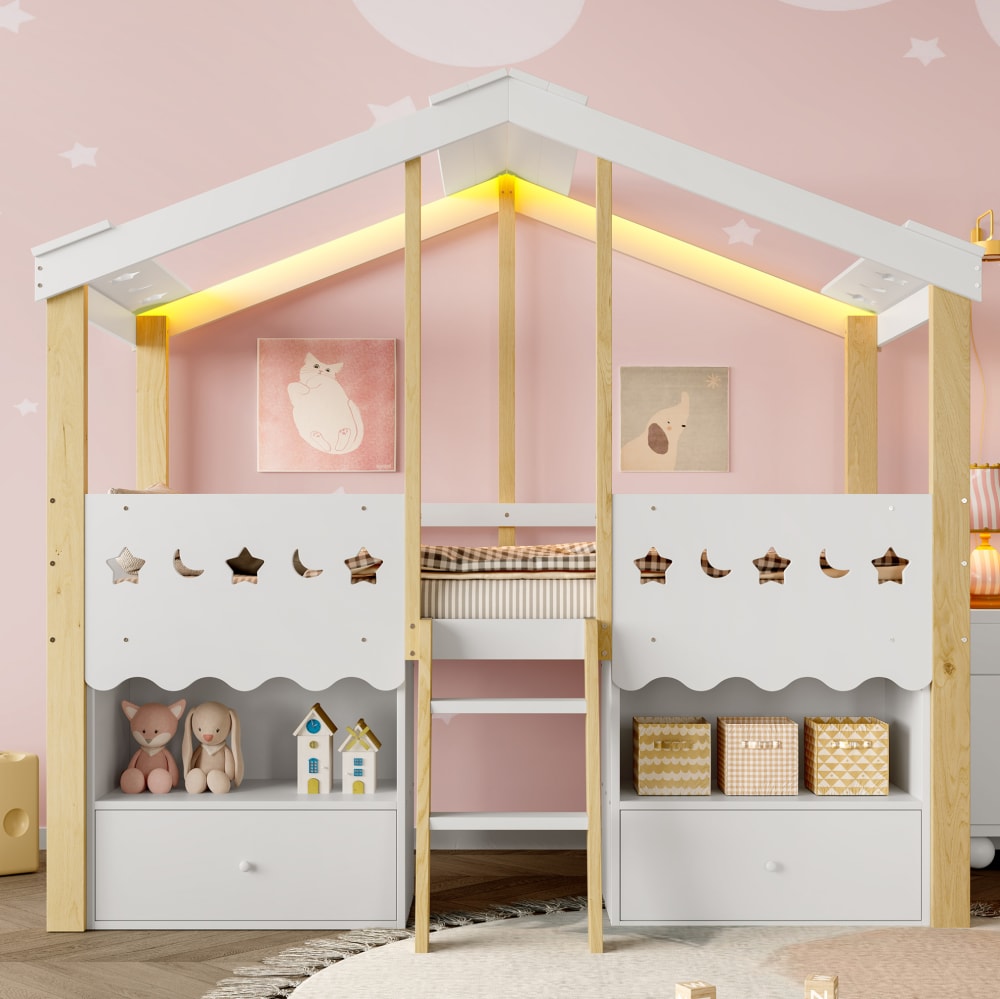 Halbhohes Bett aus Kiefernholz mit LED 90x200 cm, Weiß/Natur -