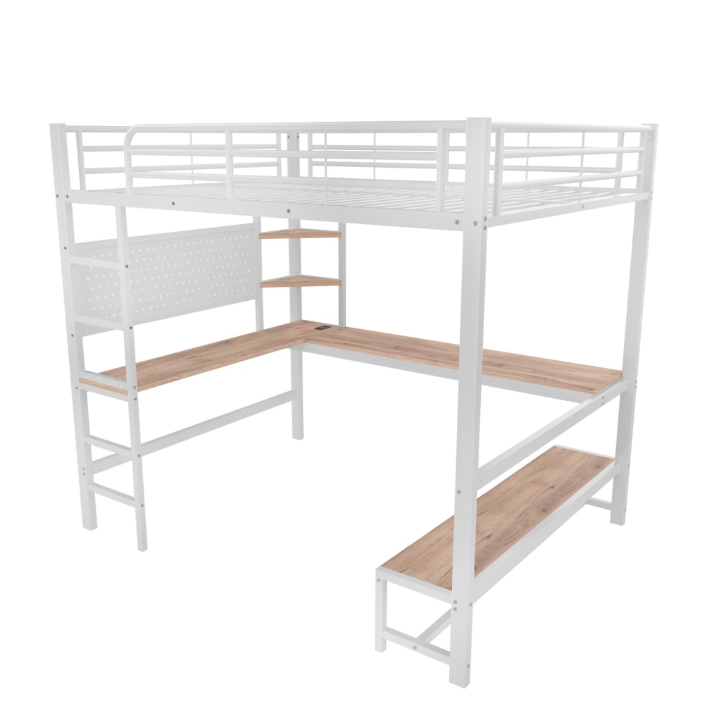 REDOM Hochbett aus Metall mit Schreibtisch und LED 140x200 cm, Weiß WEISS METALL Baby