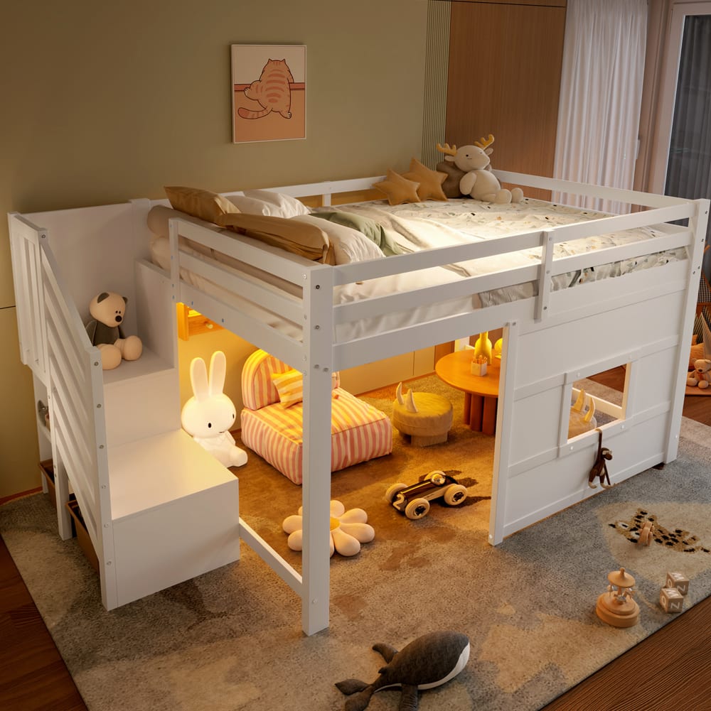 Hochbett aus Kiefernholz und MDF mit Stauraumtreppe 140x200 cm,