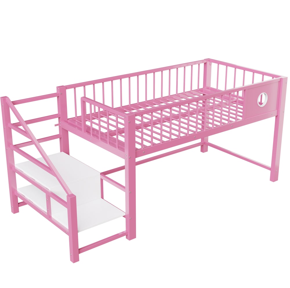 REDOM Niedriges hochbett aus metall mit stauraumleiter 90x200 cm, rosa Baby -
