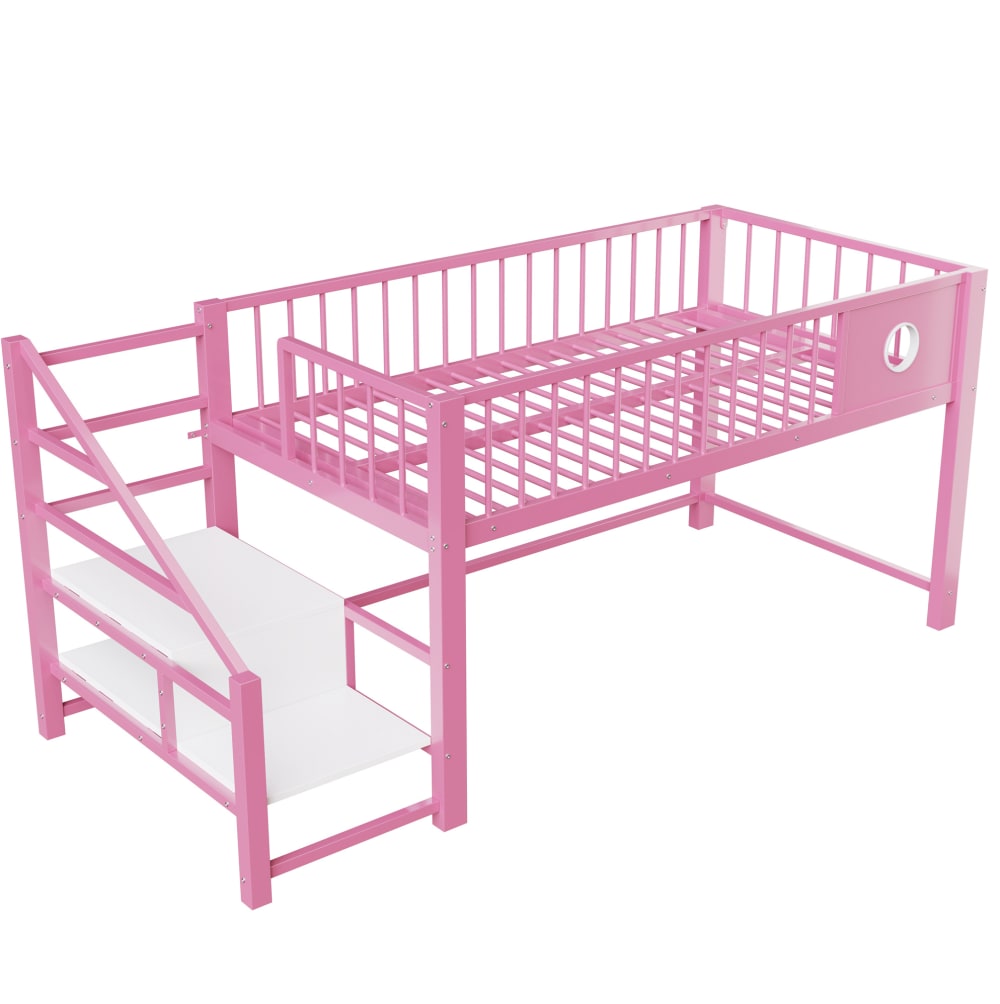 Niedriges hochbett aus metall mit stauraumleiter 90x200 cm, rosa