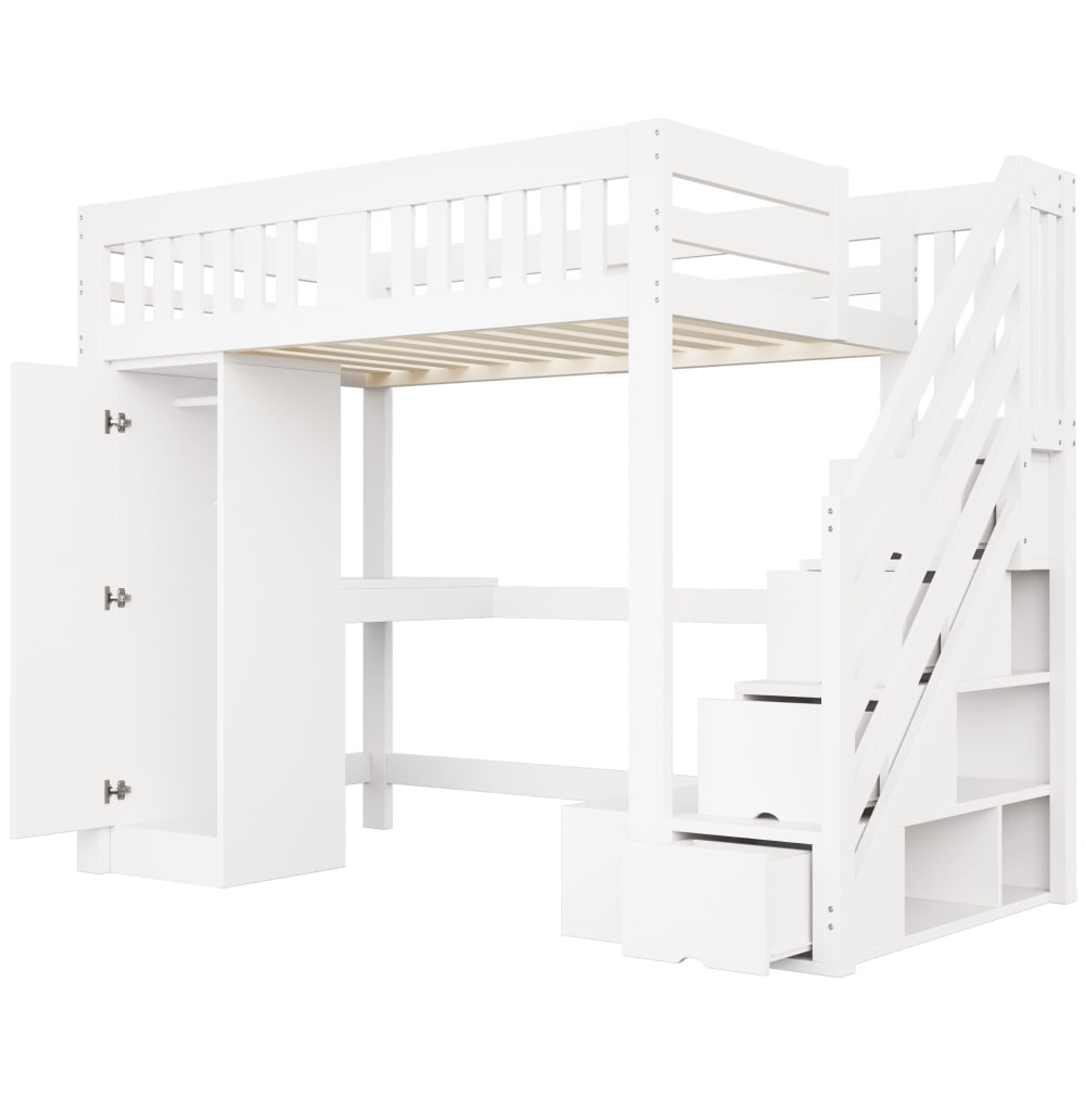 REDOM Hochbett aus Holz mit Schreibtisch 140x200 cm, Weiß style modern WEISS HOLZ Baby
