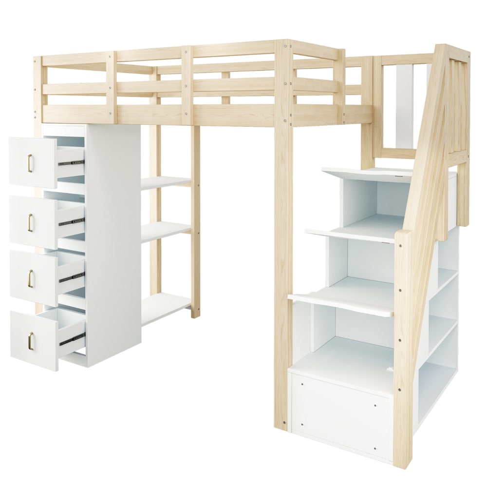 REDOM Hochbett aus massivholz mit stauraumleiter 90x200 cm, natur style modern Beige Baby