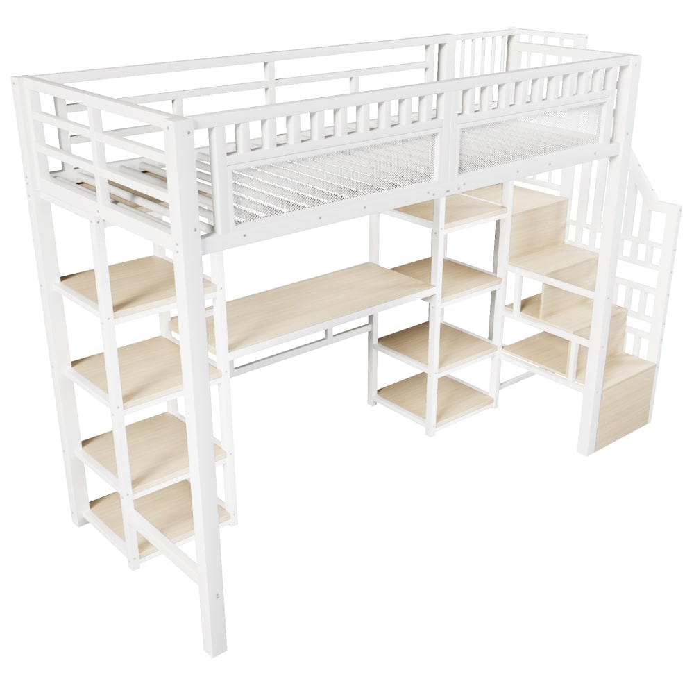 REDOM Hochbett aus Metall mit Schreibtisch 90x200 cm, Weiß style modern WEISS METALL Baby