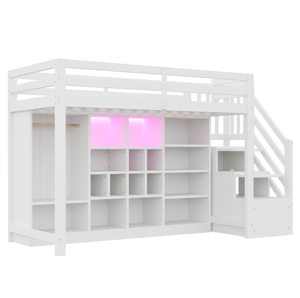 Lit mezzanine en bois avec rangement et led blanc 90x200 cm
