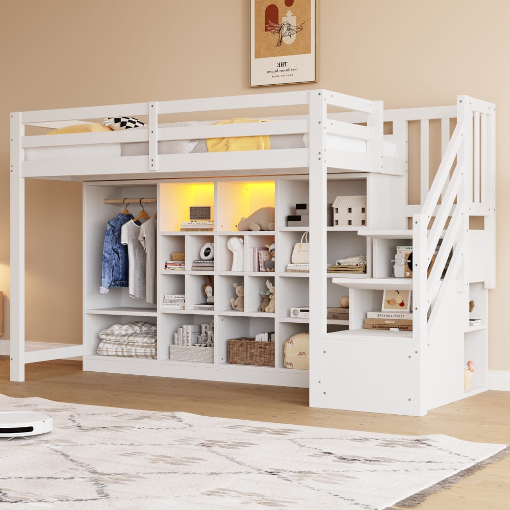 Hochbett aus Holz mit Stauraumleiter und LED 90x200 cm, Weiß -