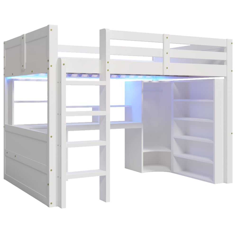 Lit mezzanine en pin avec led, bureau et rangement blanc 140x200 cm