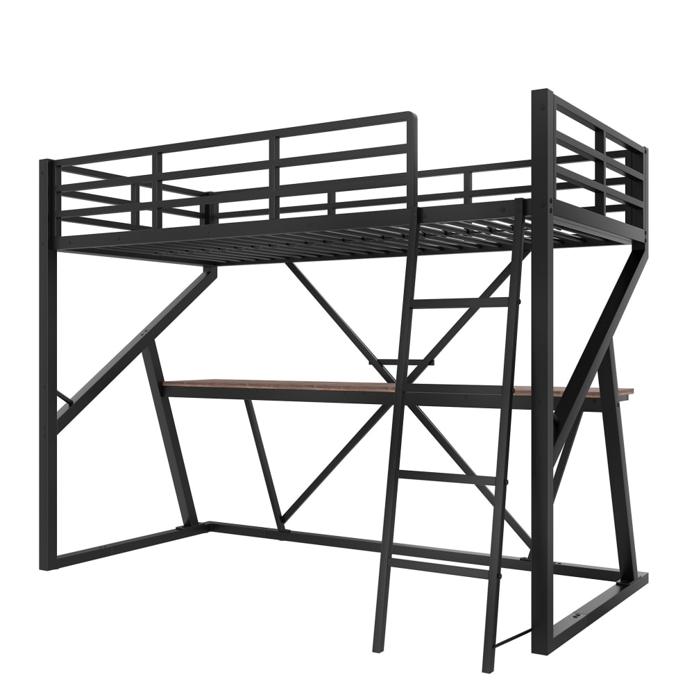 REDOM Hochbett aus Metall mit Schreibtisch und LED 90x200 cm, Schwarz SCHWARZ METALL Baby
