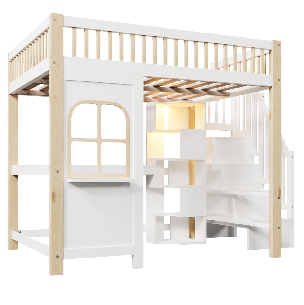 Lit mezzanine en pin avec bureau led blanc/naturel 140x200 cm