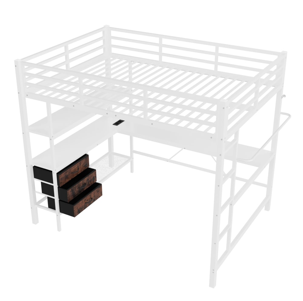 REDOM Hochbett aus Metall mit Schreibtisch und LED 140x200 cm, Weiß WEISS METALL Baby