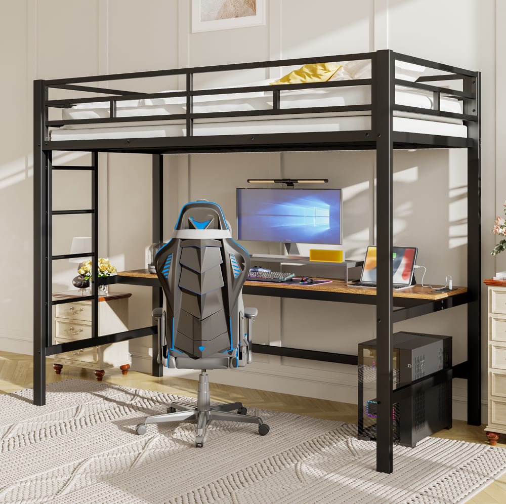 Hochbett aus Metall mit Schreibtisch 90x200 cm, Schwarz - Maisons