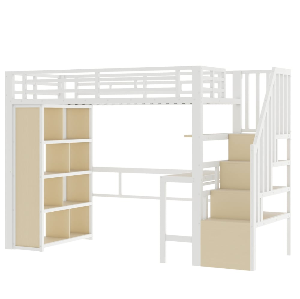 REDOM Hochbett aus Metall mit Schreibtisch und LED 90x200 cm, Weiß WEISS METALL Baby