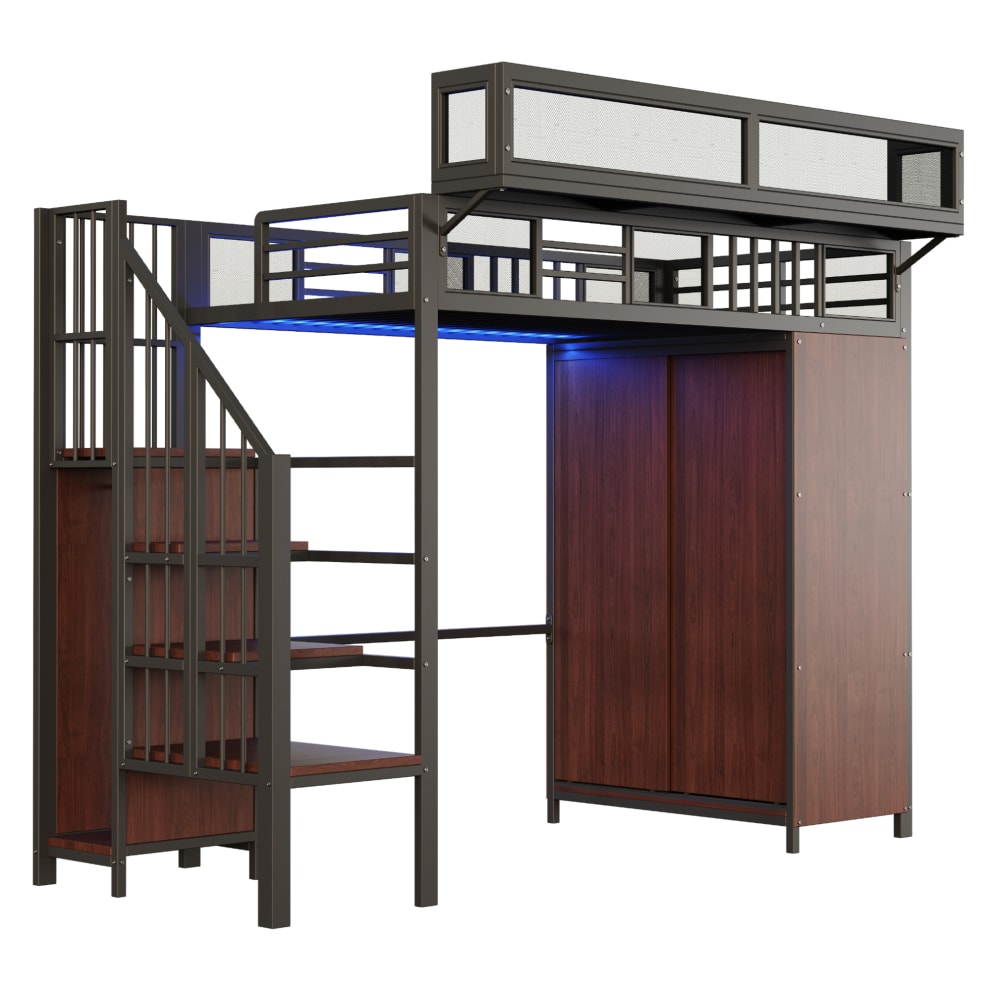 REDOM Hochbett aus Metall und Holz mit Kleiderschrank 90x200 cm, Schwarz SCHWARZ METALL Baby
