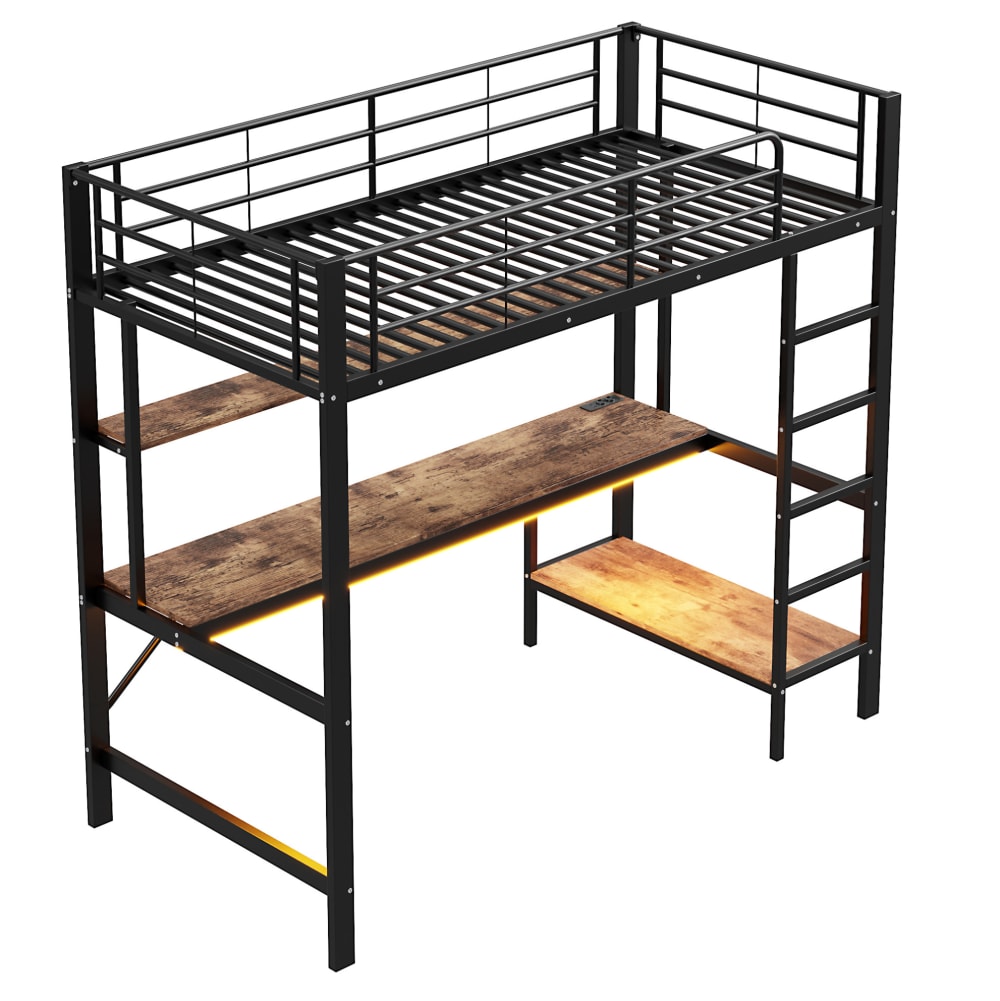 Lit mezzanine en metal avec bureau et led noir 90x200 cm