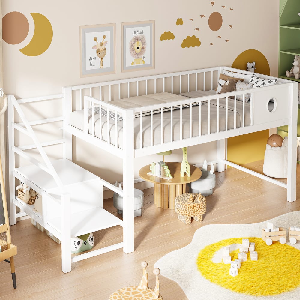REDOM Kinderhochbett aus Metall mit Stauraumleiter 90x200 cm, Weiß WEISS METALL Baby