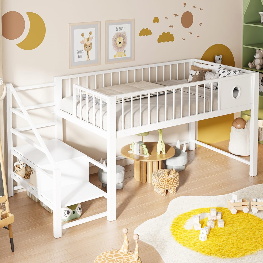 Kinderhochbett aus Metall mit Stauraumleiter 90x200 cm, Weiß -
