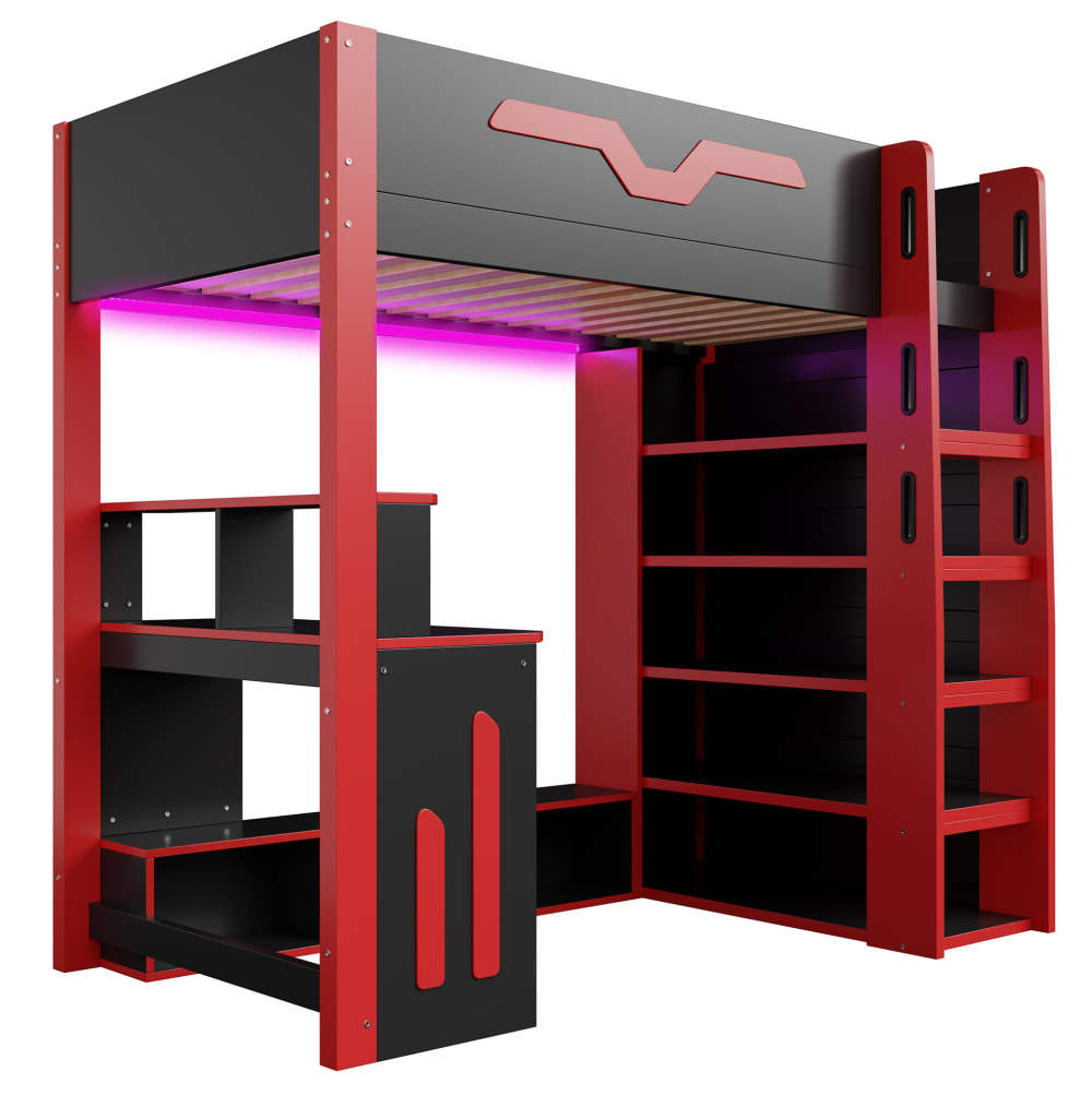 REDOM Hochbett aus Holzwerkstoff mit Schreibtisch 90x200 cm, Schwarz-Rot SCHWARZ SPANPLATTE Baby